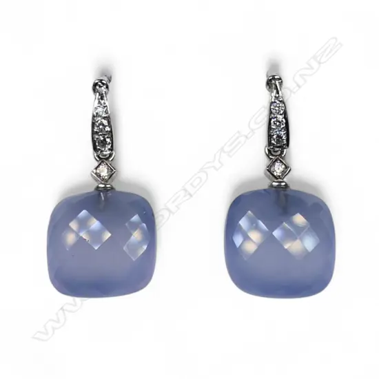 A pair of 18ct white gold and chalcedony earrings,