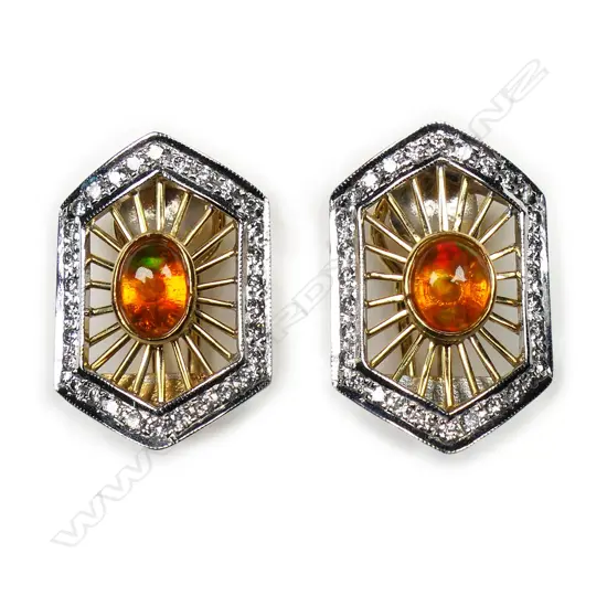 A pair of 18ct yellow gold fire opal and diamond earrings,