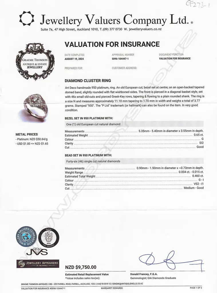 An Art Deco handmade 950 platinum and diamond ring, Image 1++