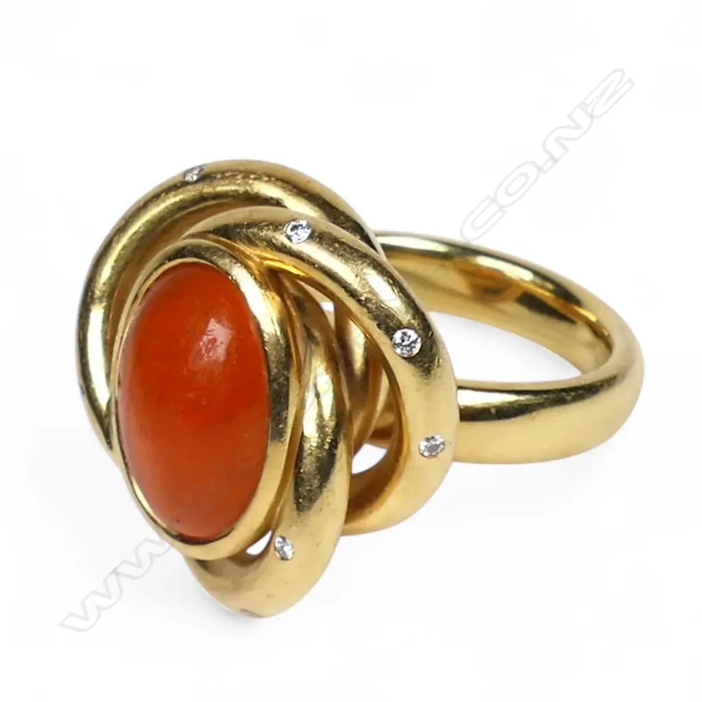 A heavy handmade 18ct yellow gold fire opal and diamond dress ring, Image 1++