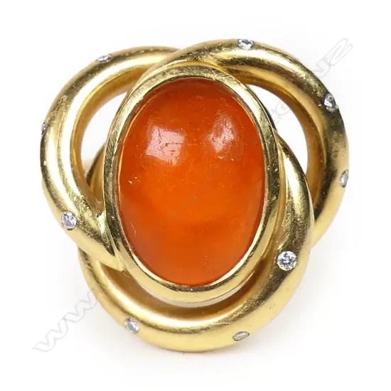 A heavy handmade 18ct yellow gold fire opal and diamond dress ring,