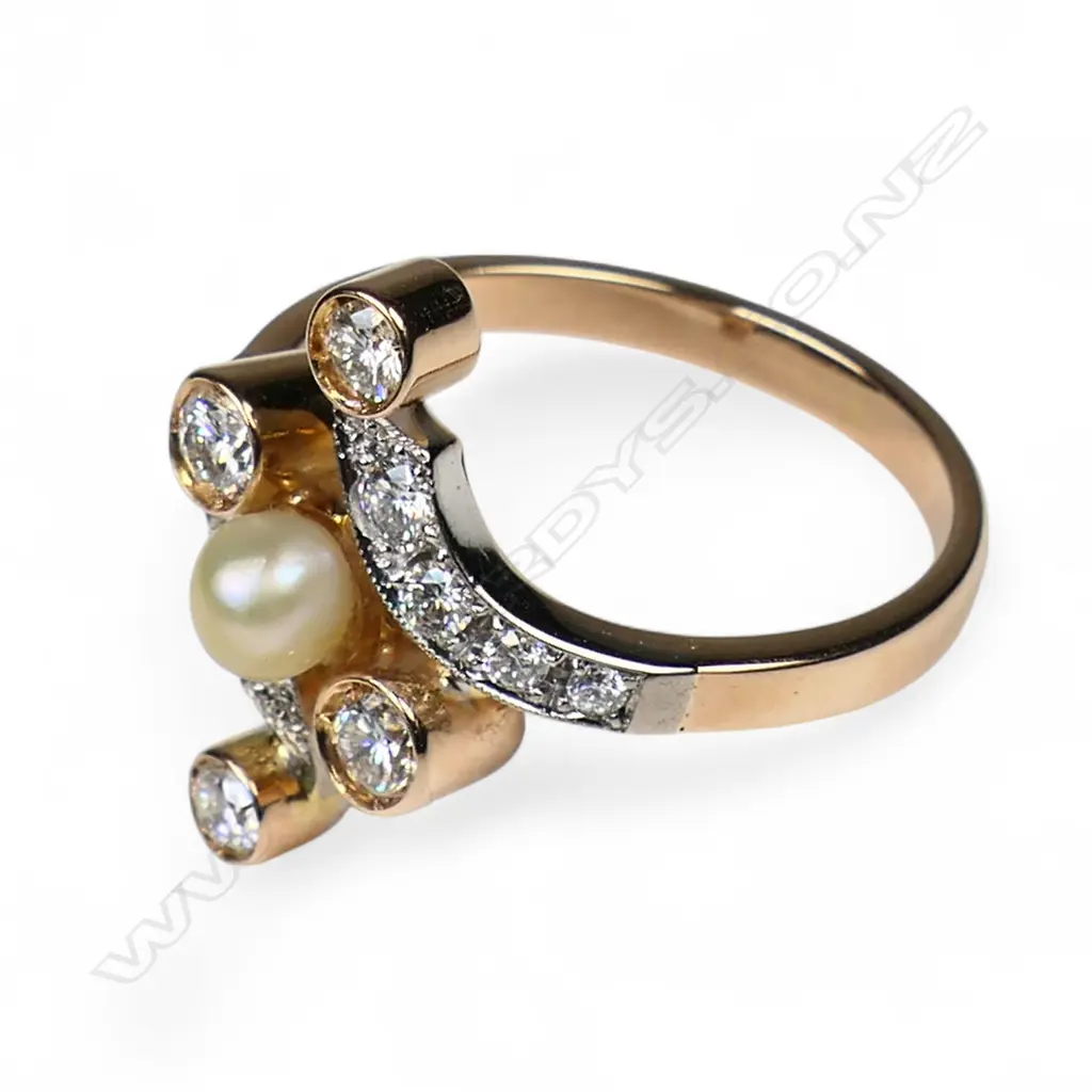 A handmade 18ct rose and white gold diamond and pearl cross-over style ring, Image 1++