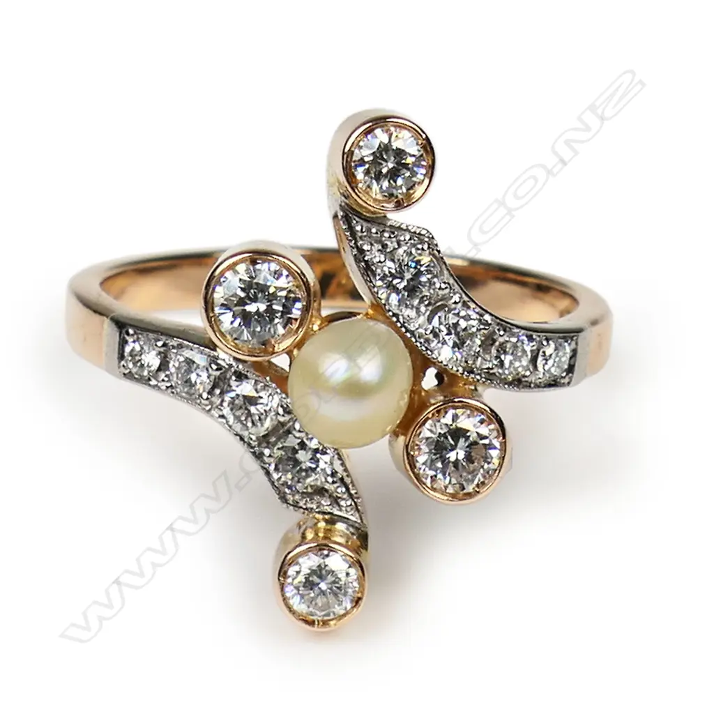 A handmade 18ct rose and white gold diamond and pearl cross-over style ring, Image 1++