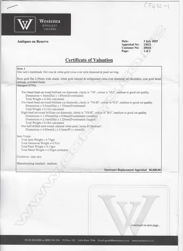 A handmade 18ct rose and white gold diamond and pearl cross-over style ring, Image 1++