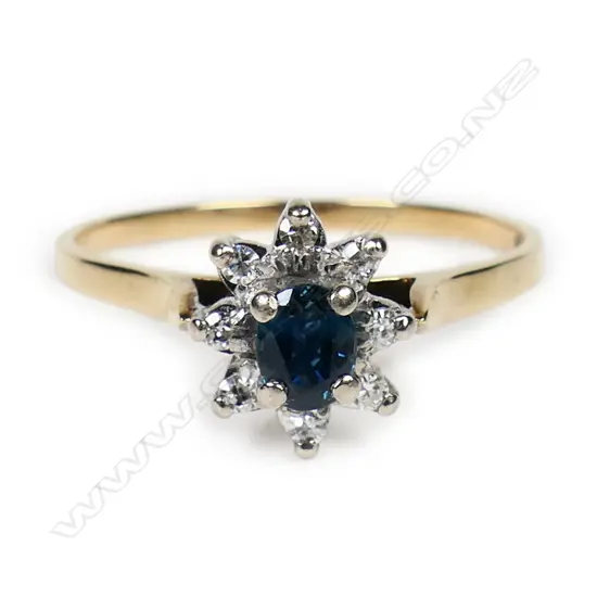 A 9ct yellow and white gold sapphire and diamond vintage style ring,