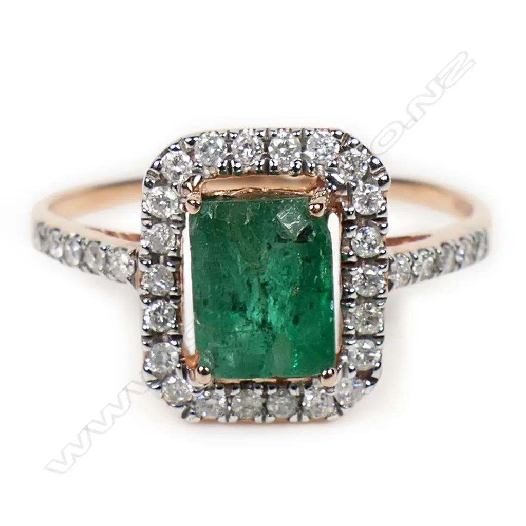 A 10ct rose gold emerald and diamond halo ring, Image 1++