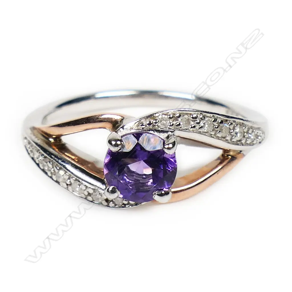 A 9ct rose gold and silver amethyst and diamond ring, Image 1++