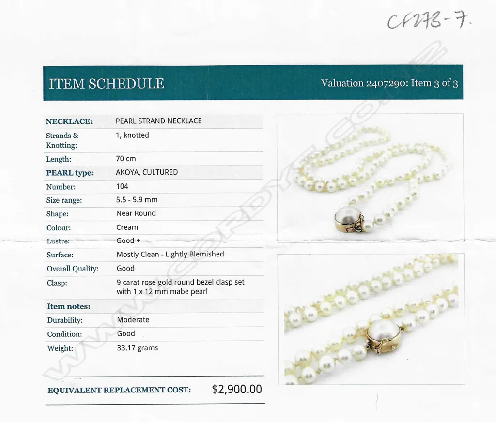 A long strand of uniform Akoya cultured pearls, Image 1++