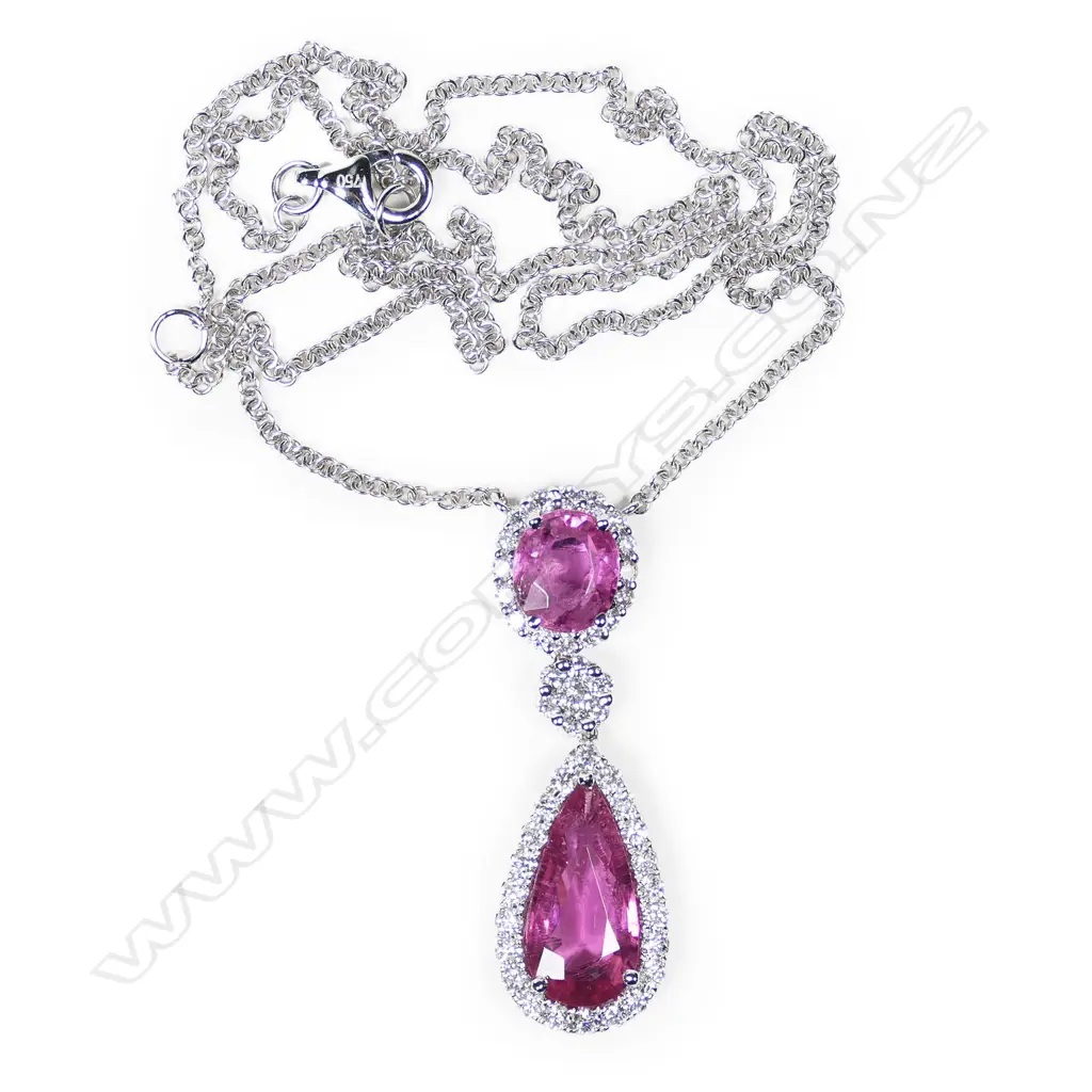 An 18ct white gold pink tourmaline and diamond pendant on chain, Image 1++