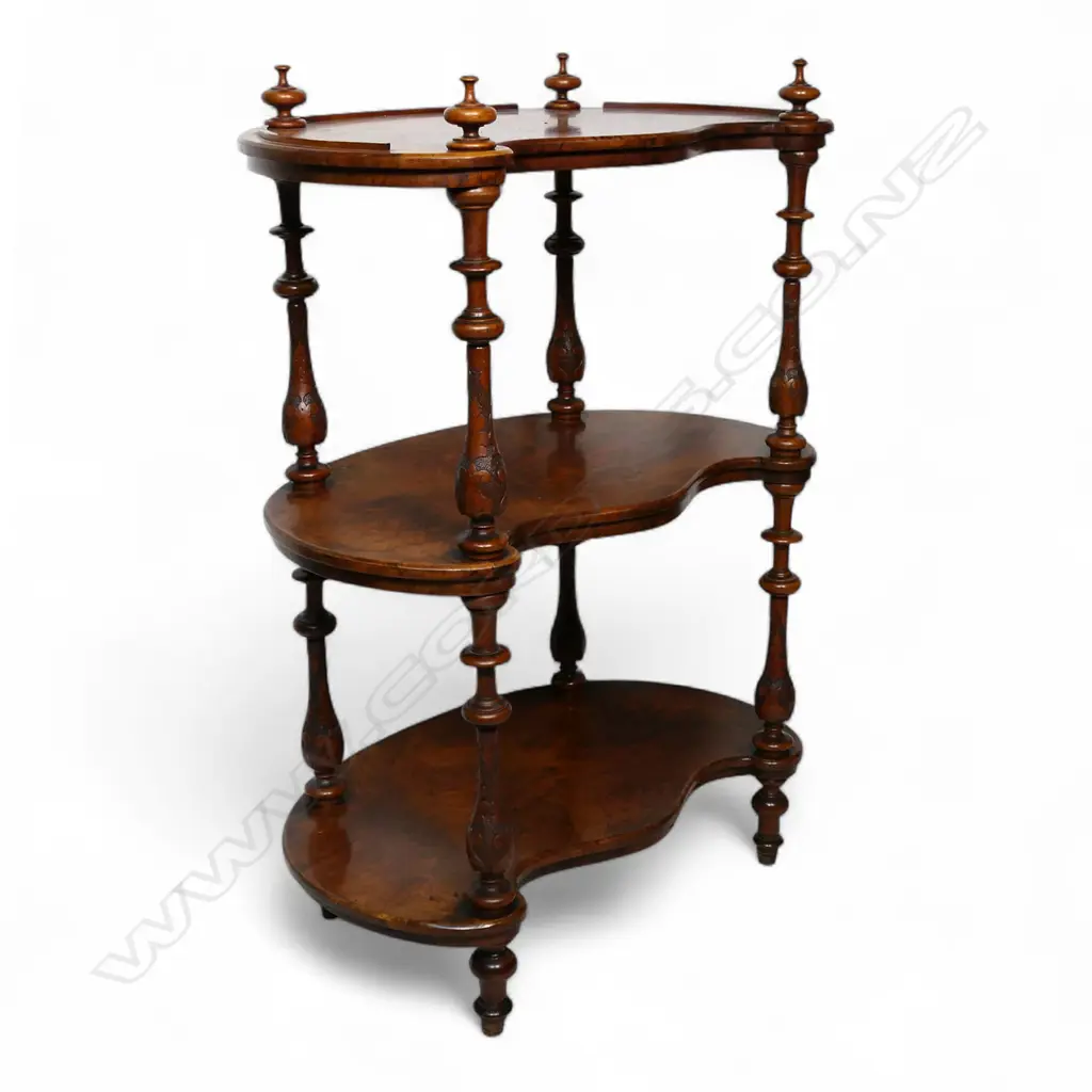 A good Victorian solid burr walnut kidney form whatnot, Image 1++