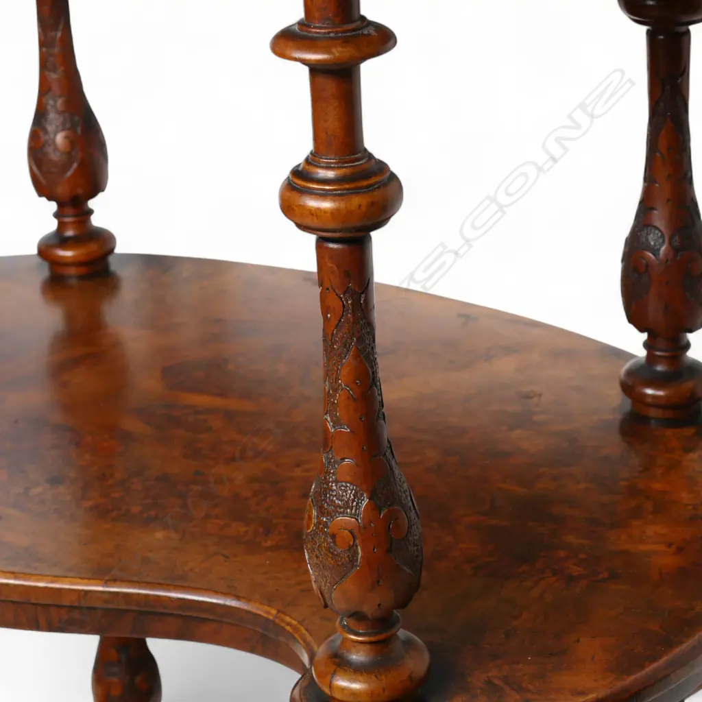 A good Victorian solid burr walnut kidney form whatnot, Image 1++