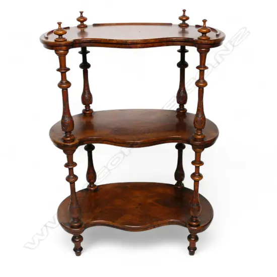 A good Victorian solid burr walnut kidney form whatnot,