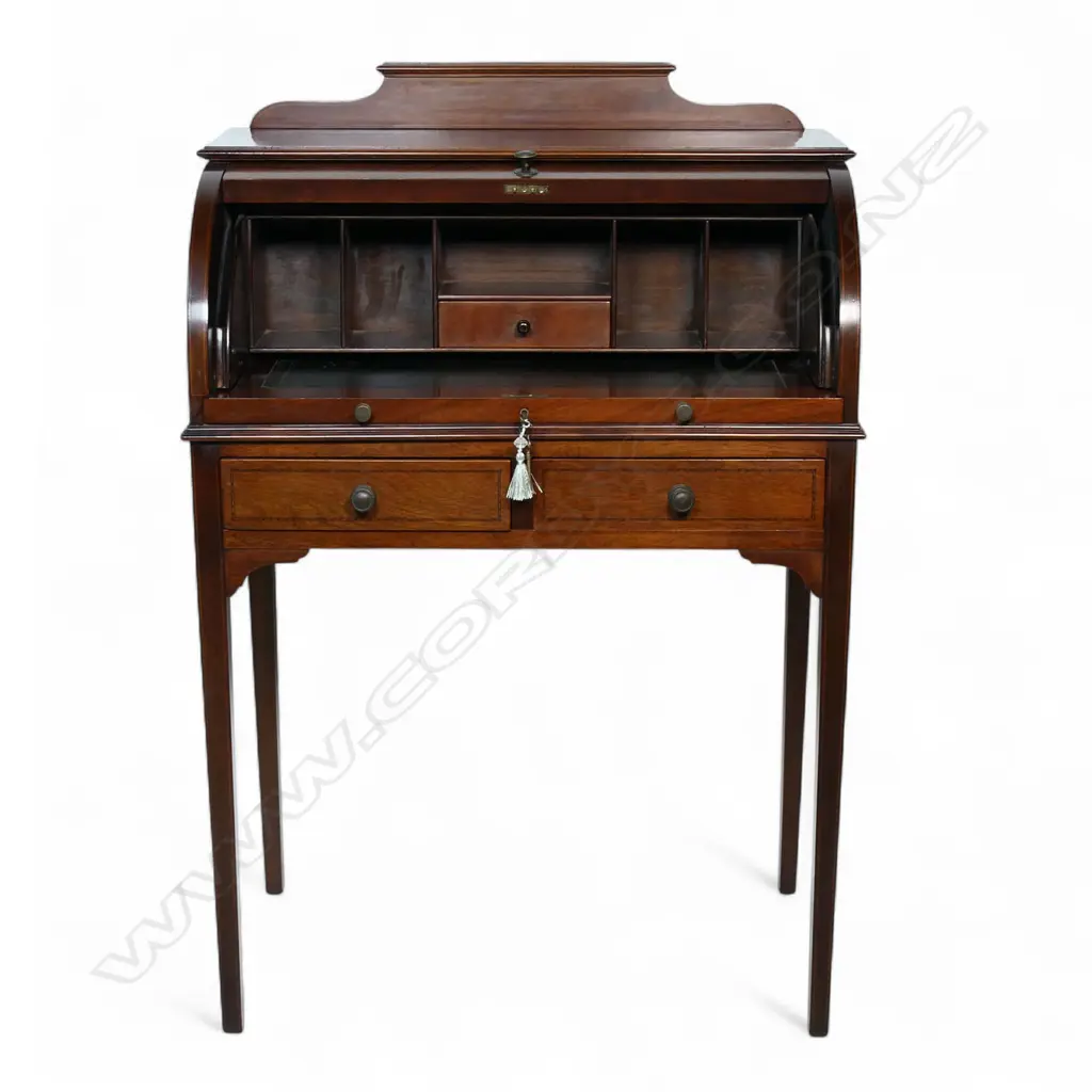 An Edwardian mahogany Sheraton revival drum front ladies desk, Image 1++