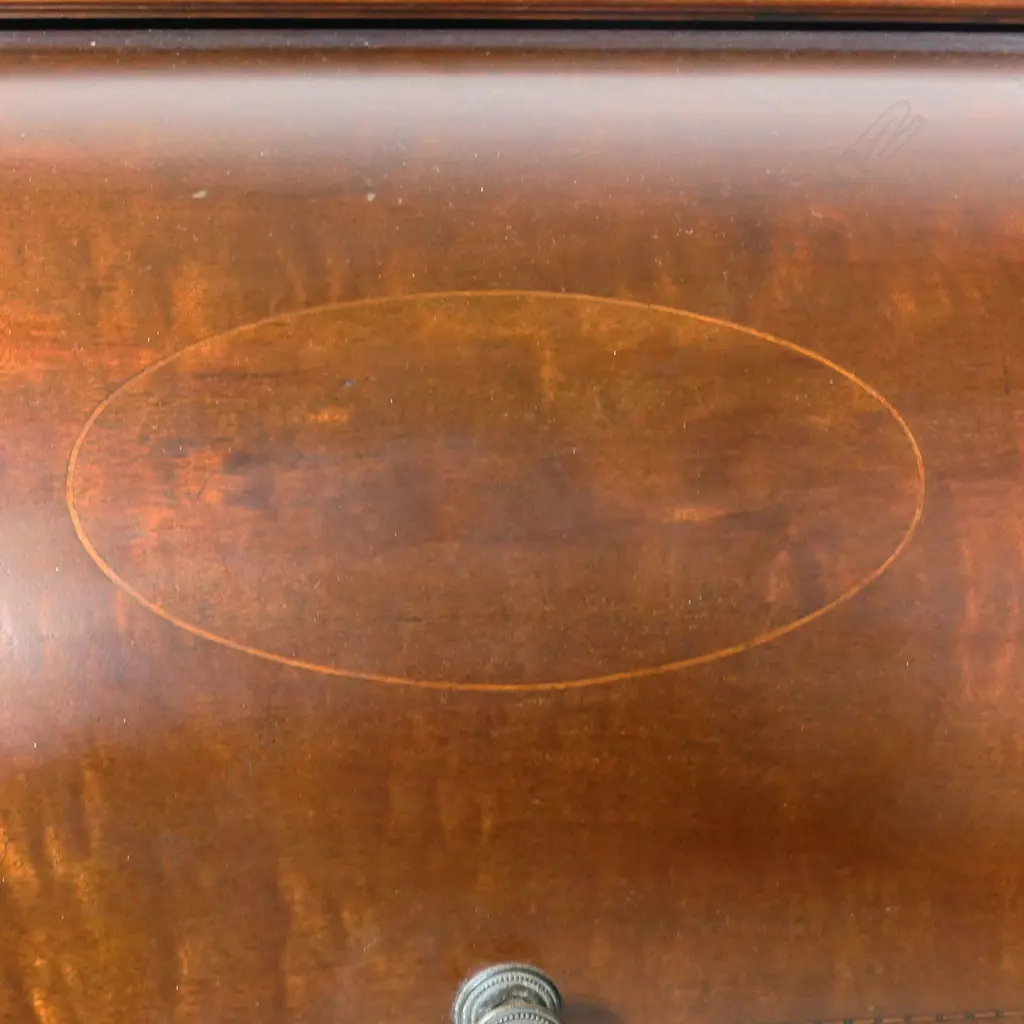 An Edwardian mahogany Sheraton revival drum front ladies desk, Image 1++