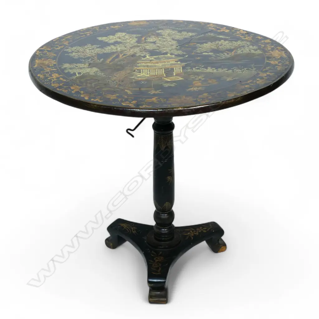 A 19thC Chinese lacquer chinoiserie pedestal tilt top table, Image 1++