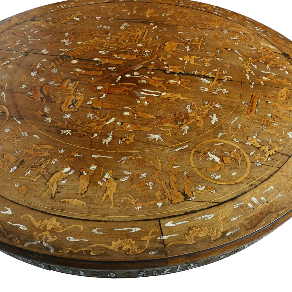 An impressive antique Chinese dining table the round top inlaid with multiple courtyard scenes, bamboo, willow trees, clouds, phoenix birds, etc, Image 1++