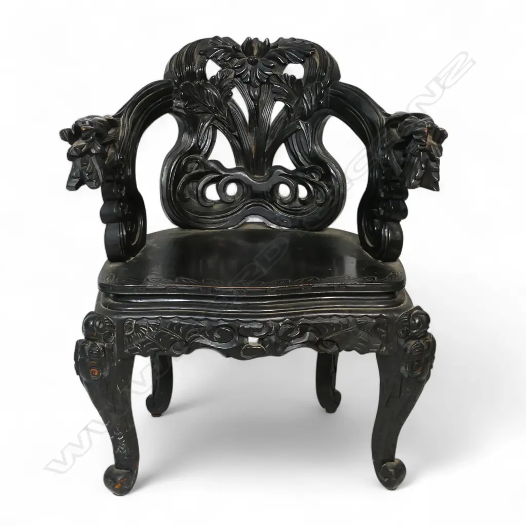 A c.1900 Anglo-Japanese ebonised and carved Art Nouveau armchair, Image 1++