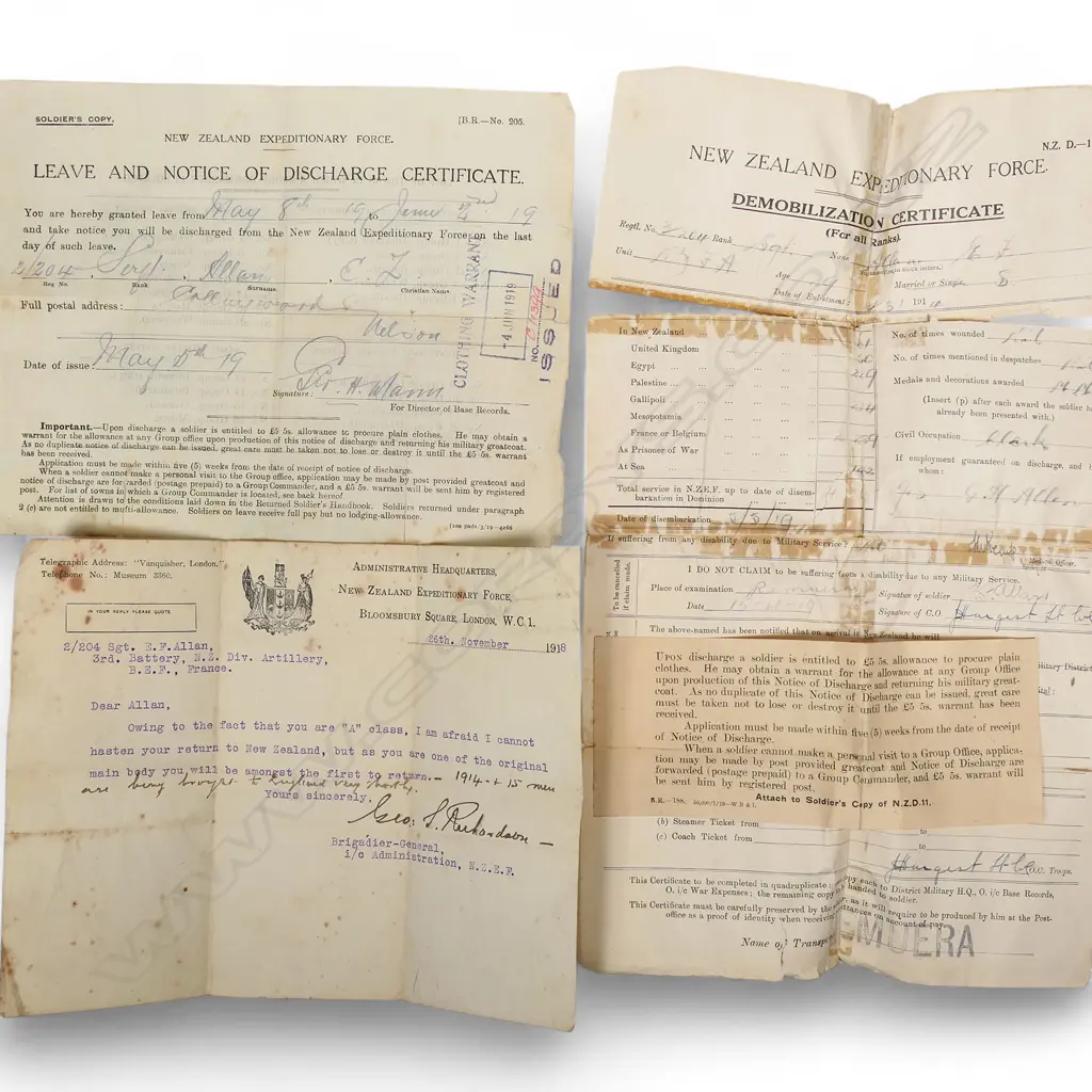 Assorted New Zealand WWI ephemera of E.F. Allan 2/204 of Collingwood, Image 1++
