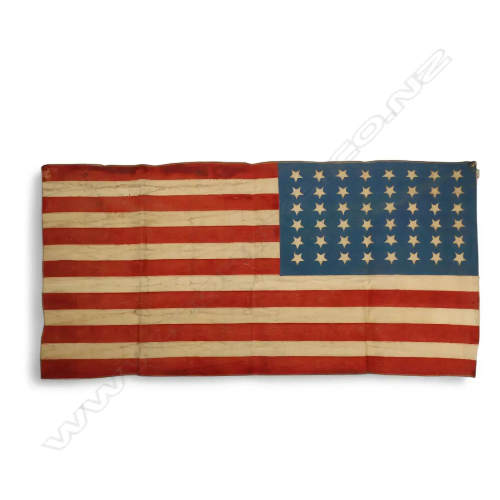 A WWII handmade American 48-star flag with V.E. Day inscription, Image 1++