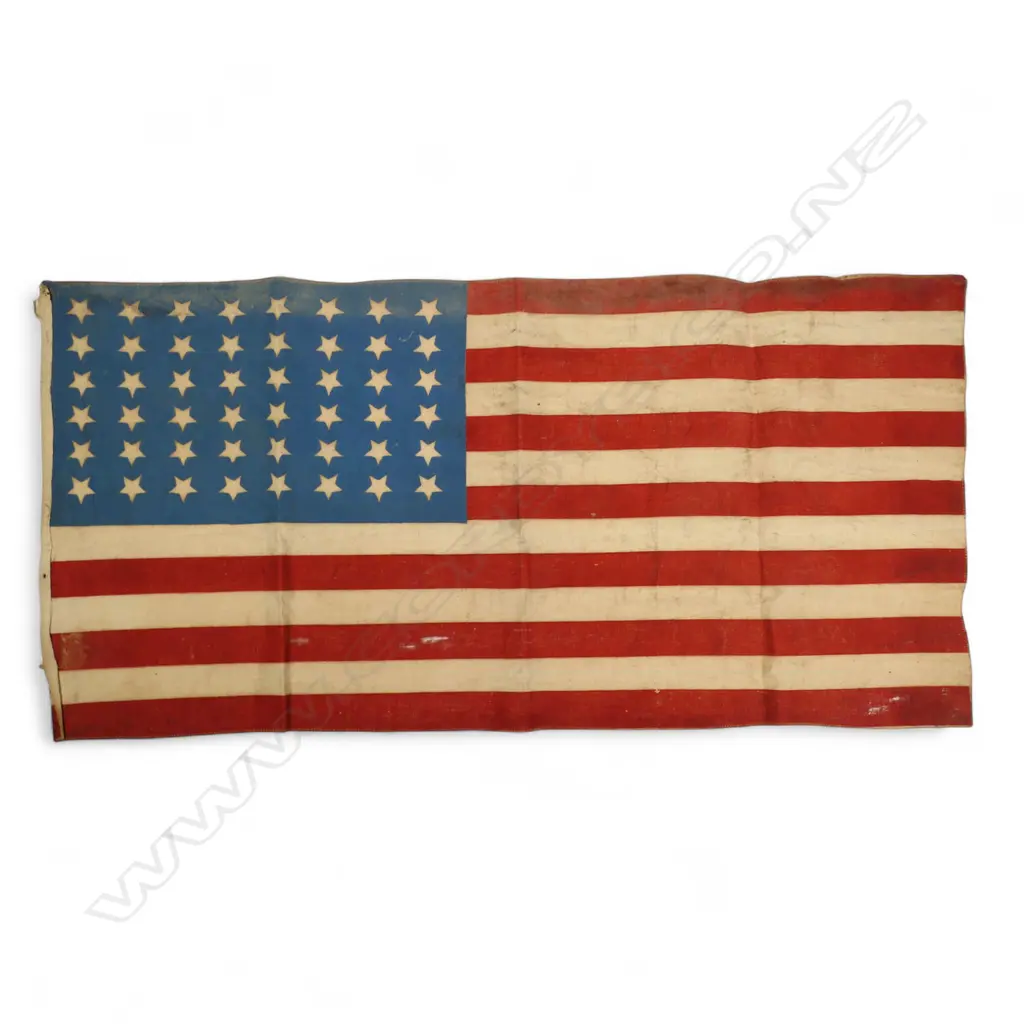 A WWII handmade American 48-star flag with V.E. Day inscription, Image 1++