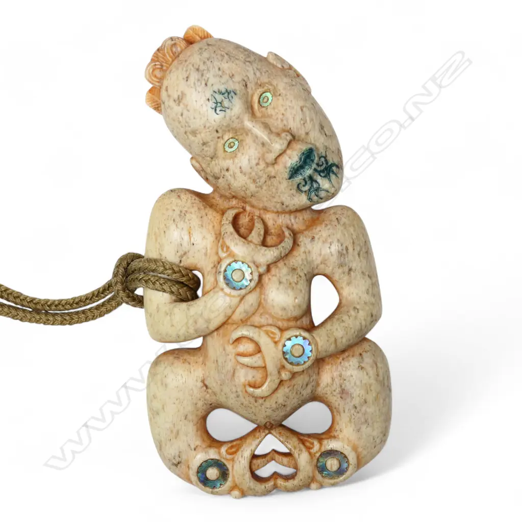 Stacy Gordine (1970-) (Ngāti Porou) carved whalebone wahine hei tiki Image 1++
