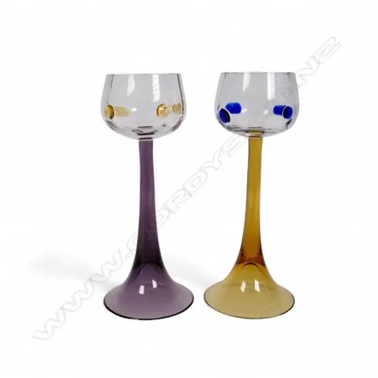 Two c.1900 Kolomon Moser tall art glass wine glasses,
