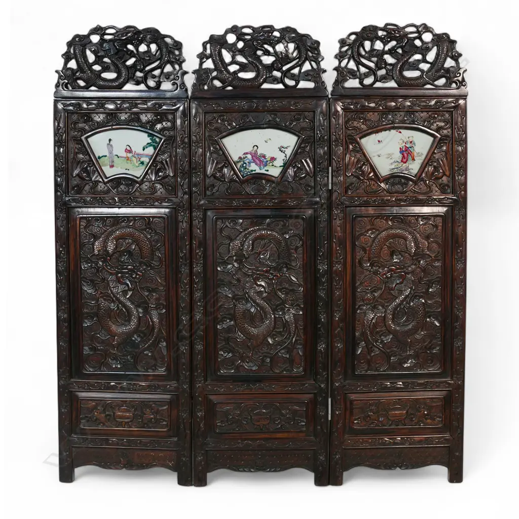 A Chinese Ching decorative carved hardwood and porcelain panelled three section folding screen, Image 1++