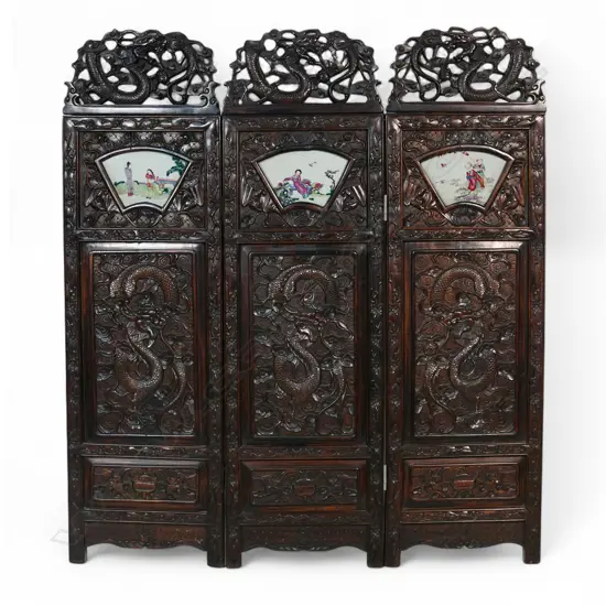 A Chinese Ching decorative carved hardwood and porcelain panelled three section folding screen,