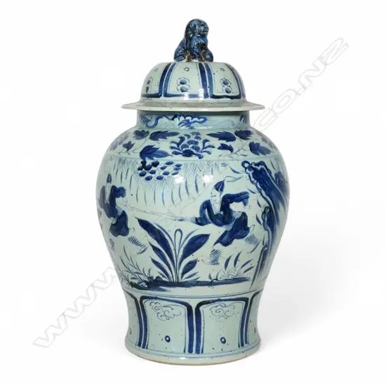 A large old Chinese baluster blue and white lidded jar,
