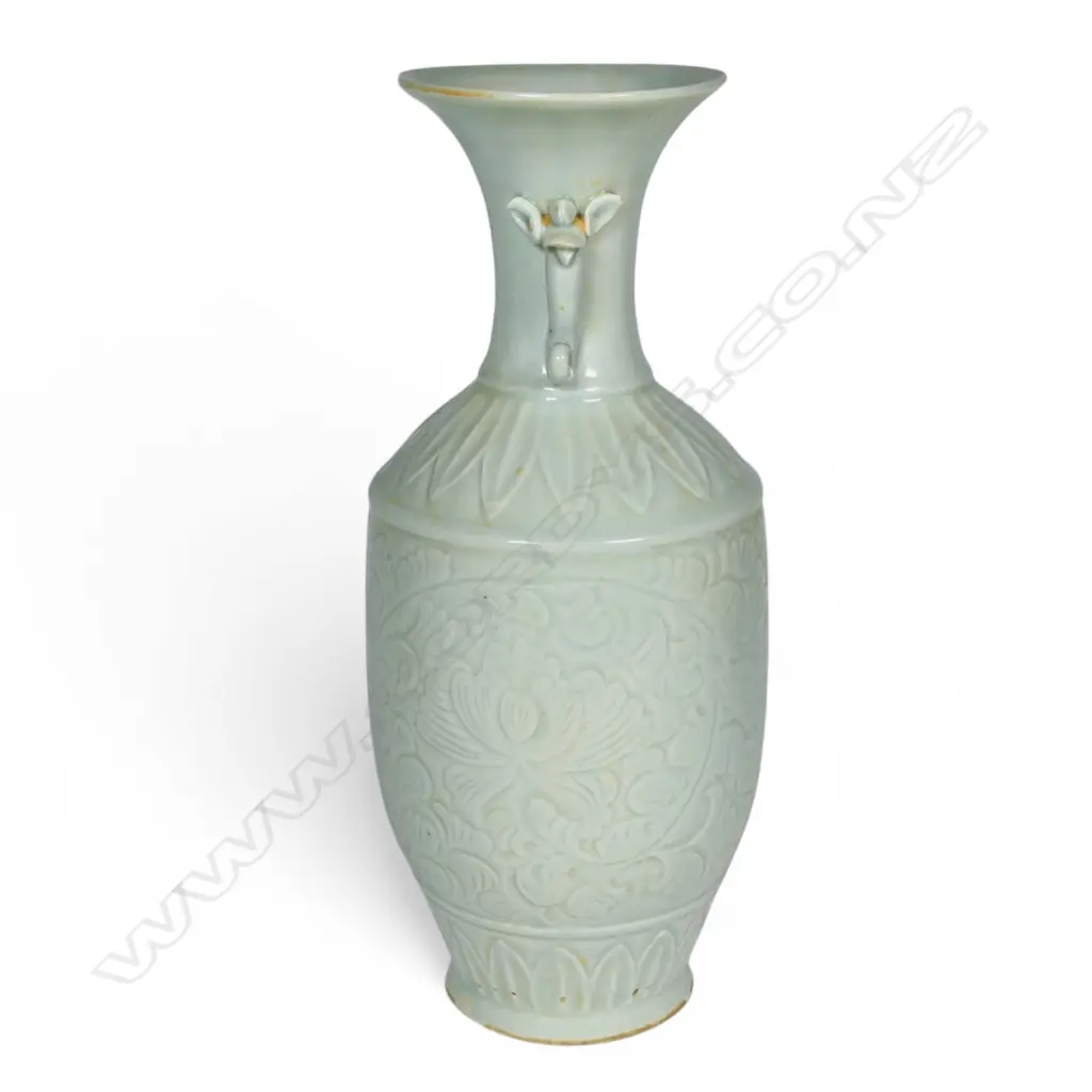 A 20thC Chinese Hutian Kiln engraved Dragon Pearl double-eared bottle vase, Image 1++