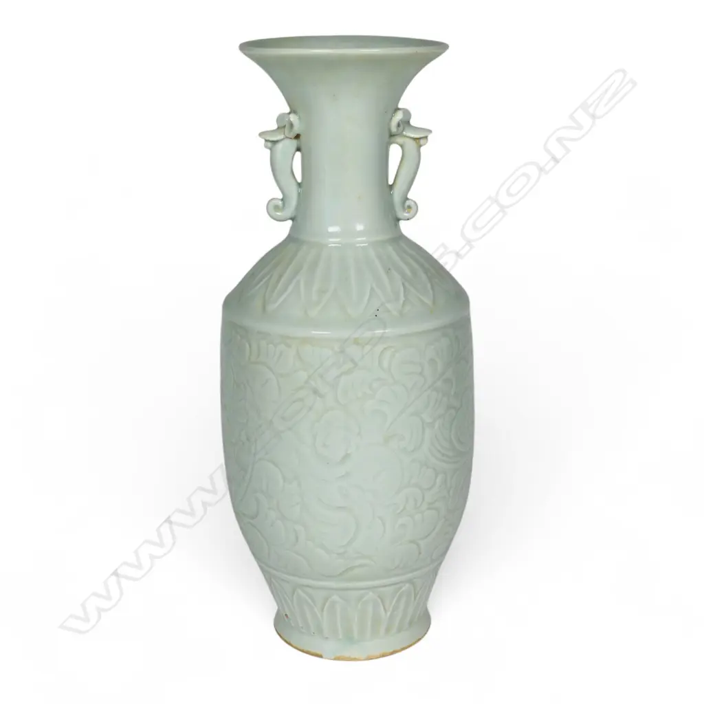 A 20thC Chinese Hutian Kiln engraved Dragon Pearl double-eared bottle vase, Image 1++