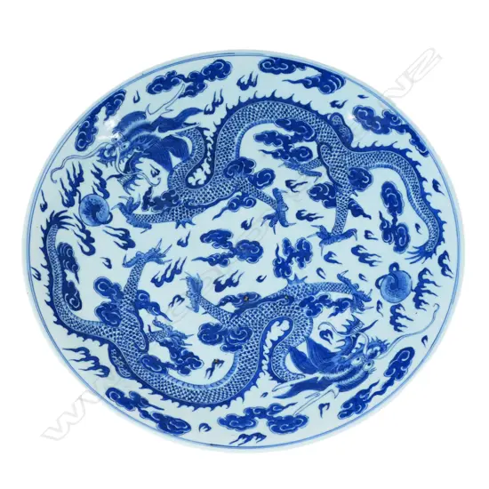 An old Chinese large blue and white charger,