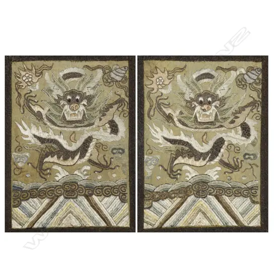 A pair of 19thC Chinese embroidered silk panels,