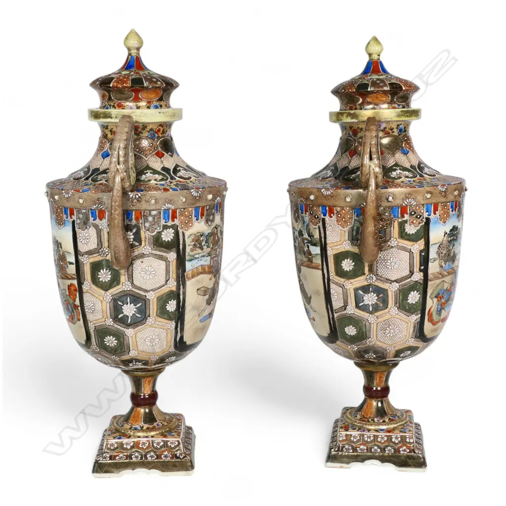 A pair of c.1900 Japanese Satsuma pedestal lidded urns, Image 1++