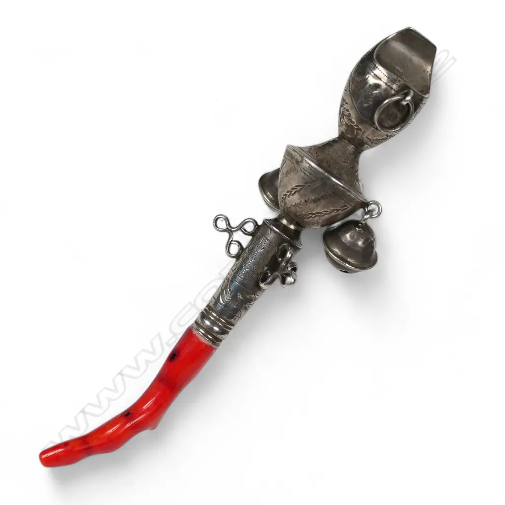 A George III coral mounted child's rattle combination whistle, Image 1++