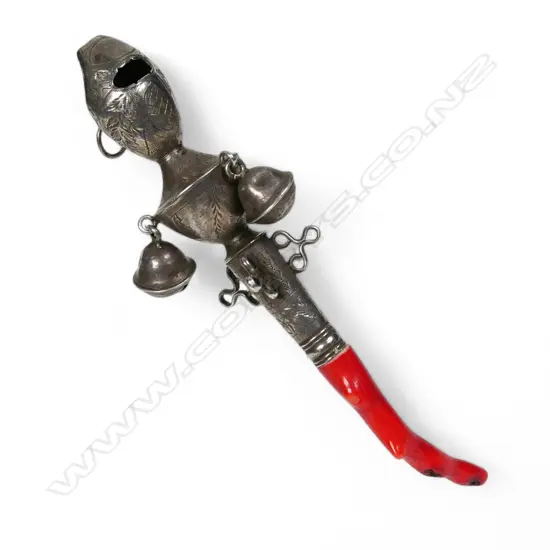 A George III coral mounted child's rattle combination whistle,