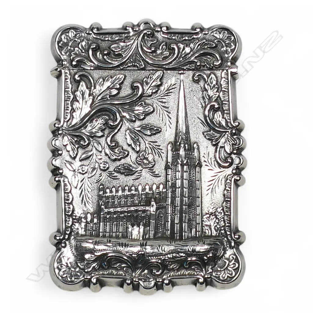A 19thC American unmarked silver 'Castle top' card case, Image 1++