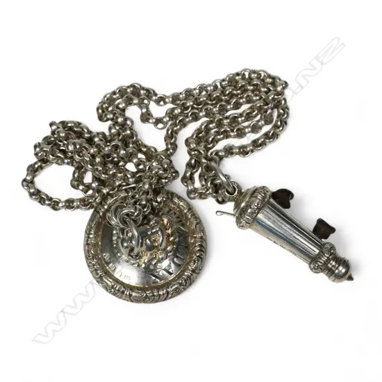 A Victorian Rifle Corps military silver Officer's cross belt whistle and triple chain,