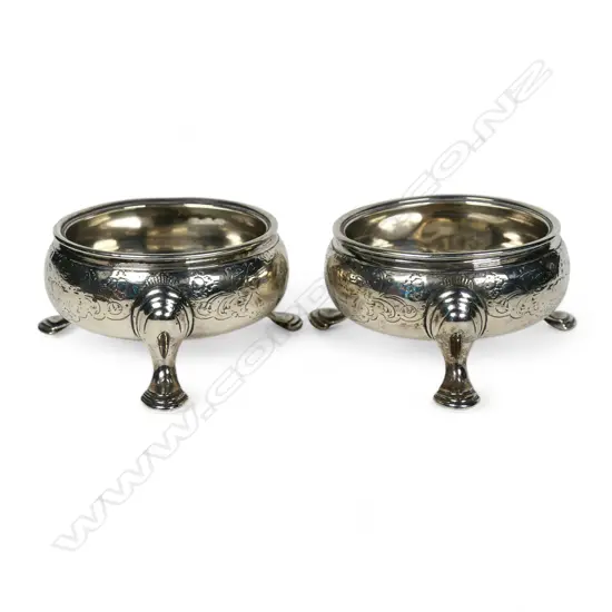 A pair of George II silver cauldron salts,