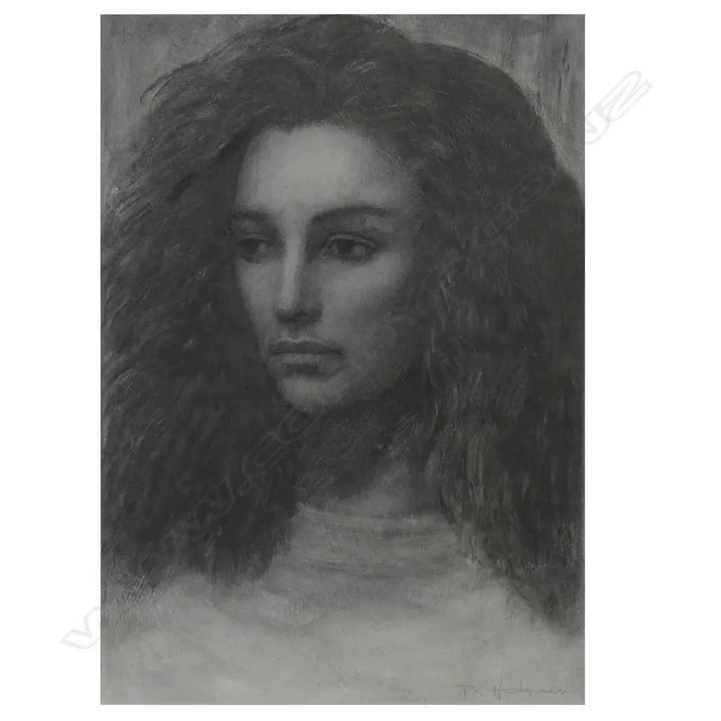 PHILIP HOLMES (NZ 1953-) 'PRE-RAPHAELITE STUDY', CONTE & LINSEED OIL ON PANEL, SIGNED, ENTITLED (verso), 200 x 155mm Image 1++