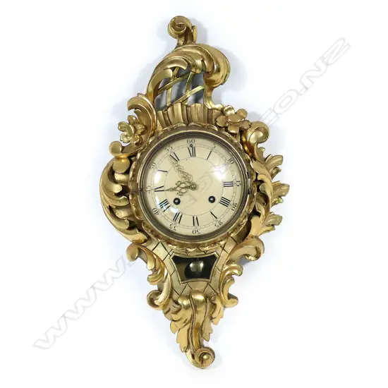 Mid-20thC rococo giltwood framed Swedish cartel clock, by Westerstrand,