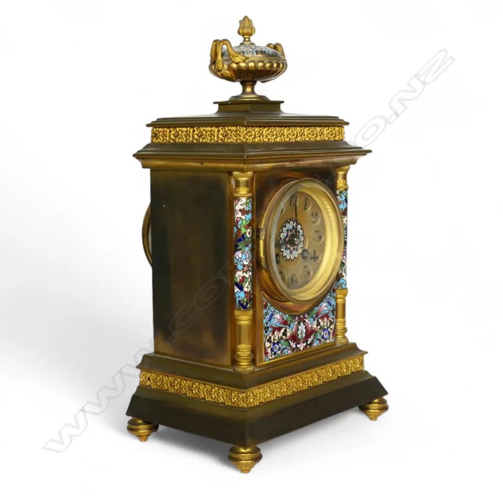 A French 19thC ormolu and champlevé enamel clock and garniture, Image 1++