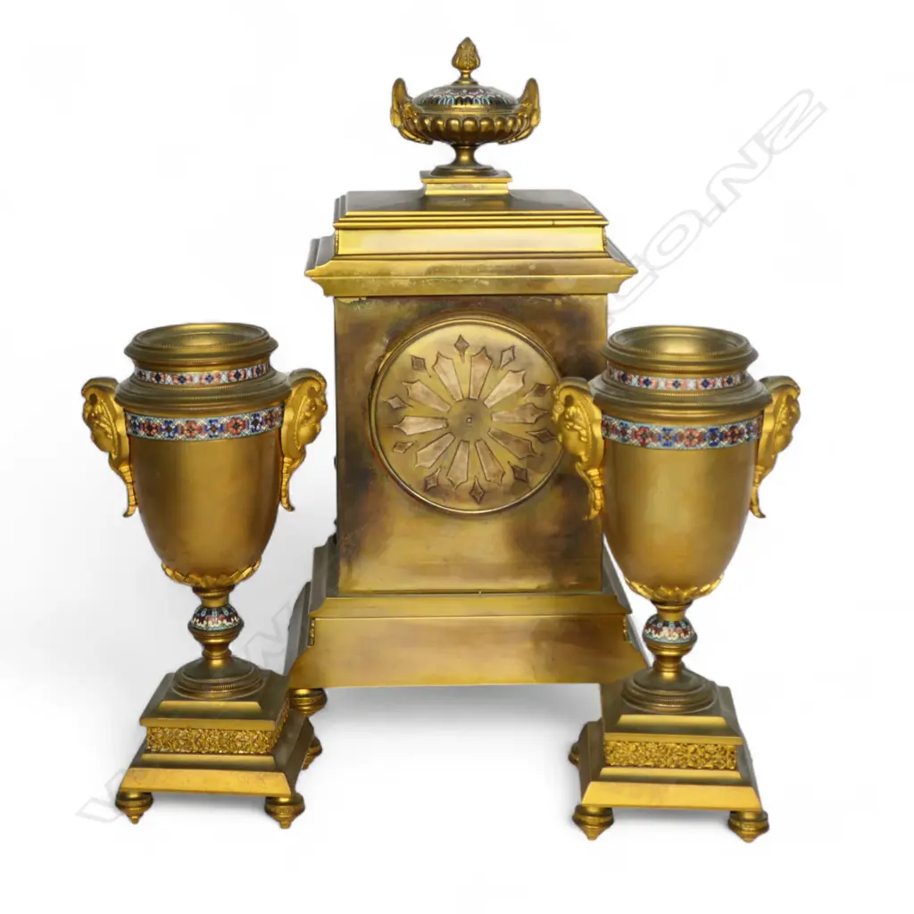 A French 19thC ormolu and champlevé enamel clock and garniture, Image 1++