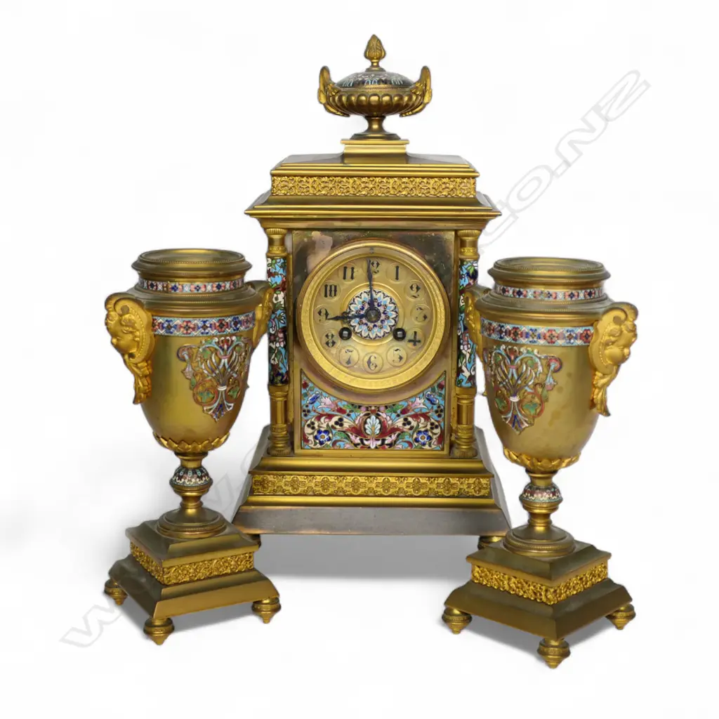 A French 19thC ormolu and champlevé enamel clock and garniture, Image 1++