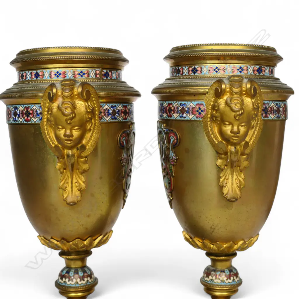 A French 19thC ormolu and champlevé enamel clock and garniture, Image 1++
