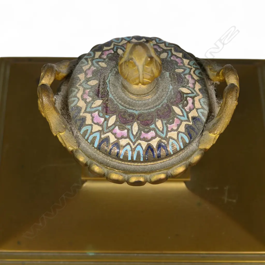 A French 19thC ormolu and champlevé enamel clock and garniture, Image 1++