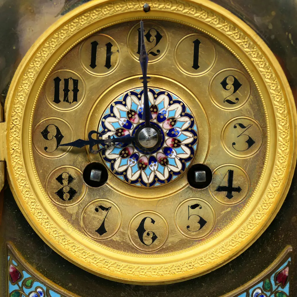 A French 19thC ormolu and champlevé enamel clock and garniture, Image 1++