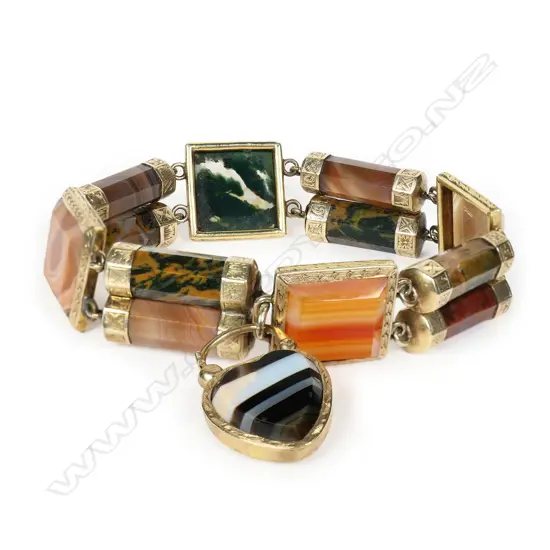 A good Victorian silver gilt and agate fancy bracelet,