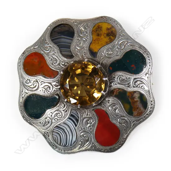 A c.1900 Scottish silver agate and yellow gem (citrine?) brooch,