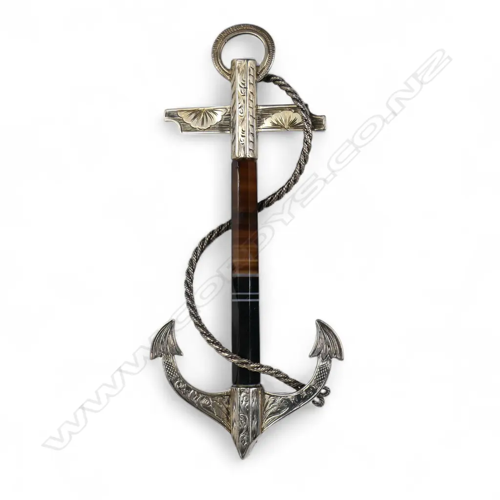 A large late Victorian Scottish silver and banded agate fouled anchor brooch, Image 1++
